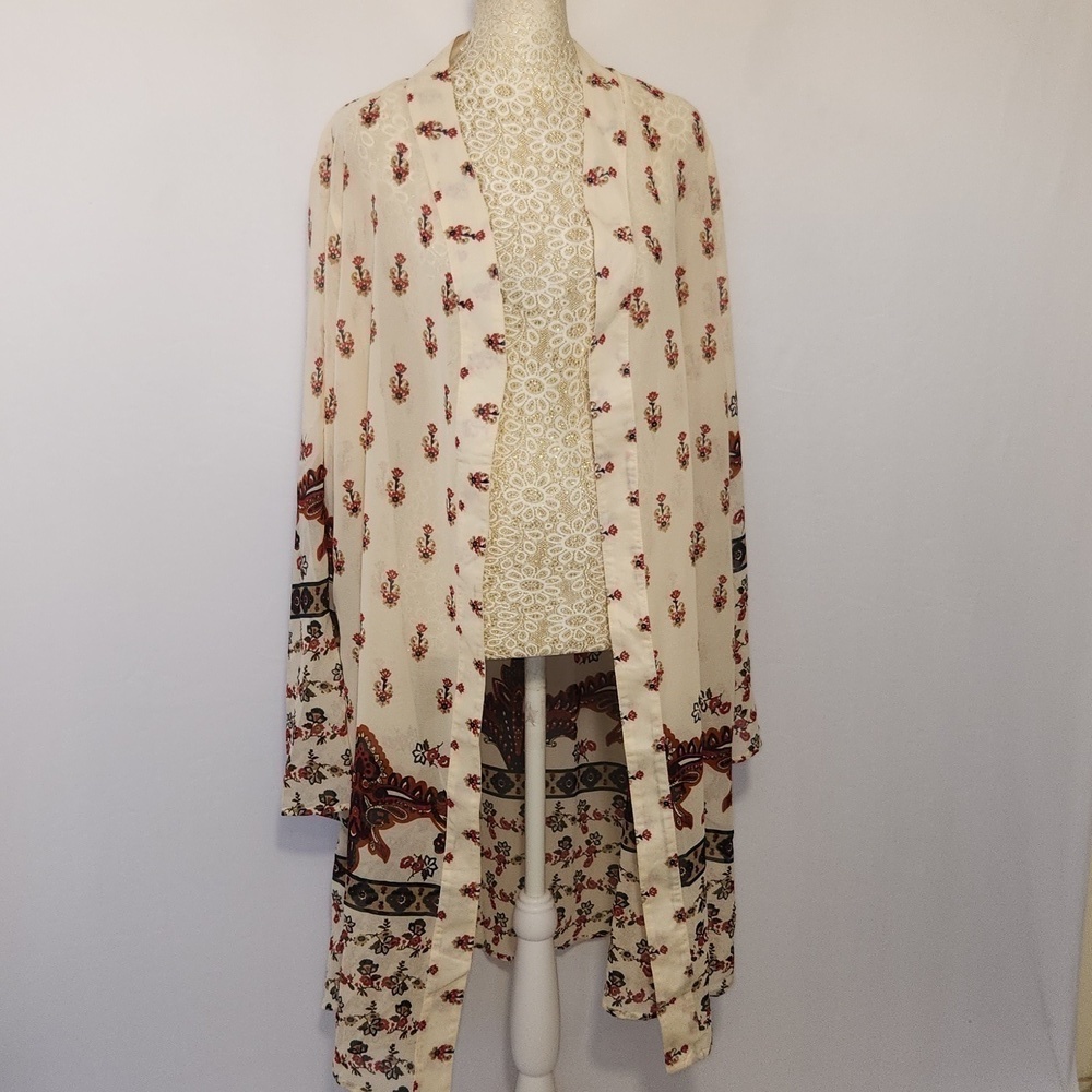 Jorja Women's Ivory Multi-Color Chiffon Floral Print Open Front Longline Kimono